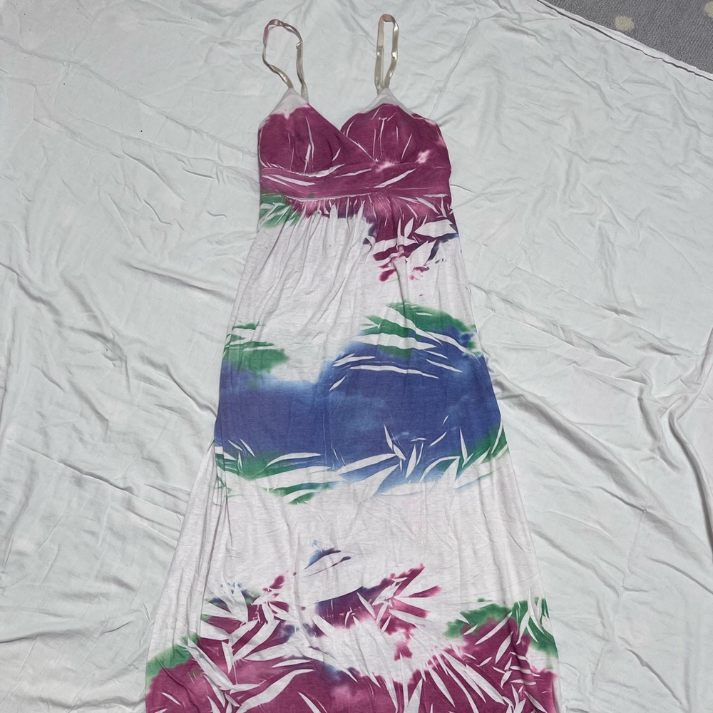 Long printed jersey maxi dress spaghetti adjustable straps size large
